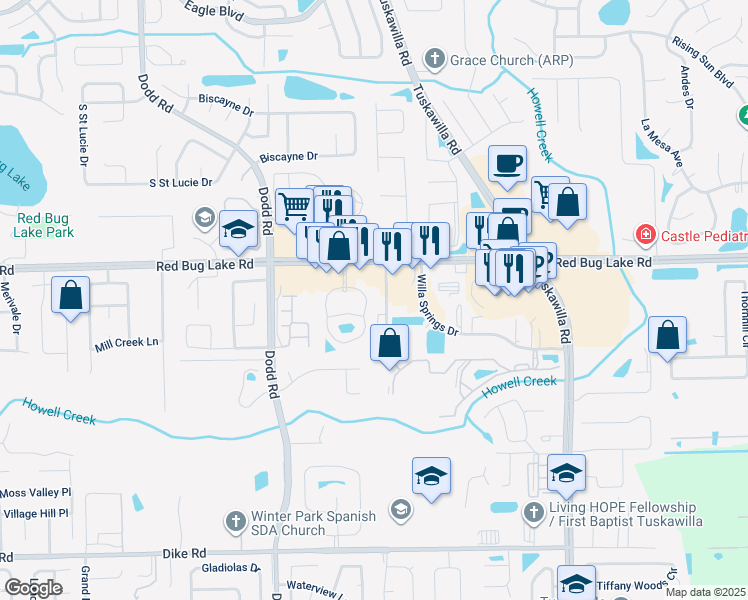 map of restaurants, bars, coffee shops, grocery stores, and more near 1024 Spring Villas Point in Winter Springs