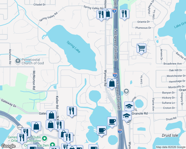map of restaurants, bars, coffee shops, grocery stores, and more near 180 Spring Lake Hills Drive in Altamonte Springs