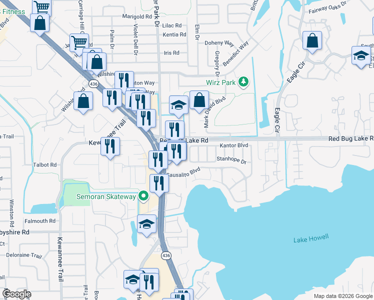 map of restaurants, bars, coffee shops, grocery stores, and more near 114 Todd Drive in Casselberry