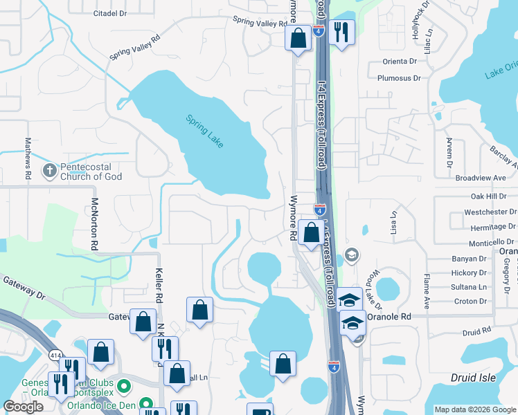 map of restaurants, bars, coffee shops, grocery stores, and more near 180 Spring Lake Hills Drive in Altamonte Springs