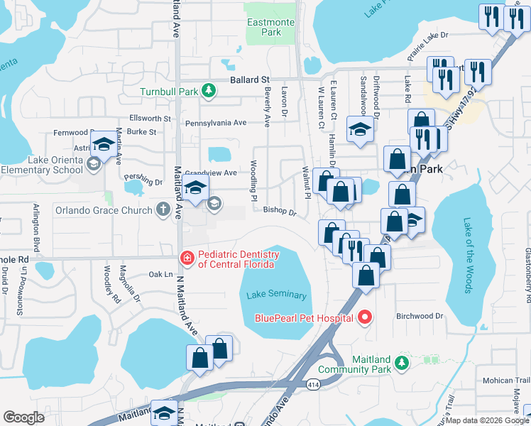 map of restaurants, bars, coffee shops, grocery stores, and more near 806 Gregory Lane in Altamonte Springs