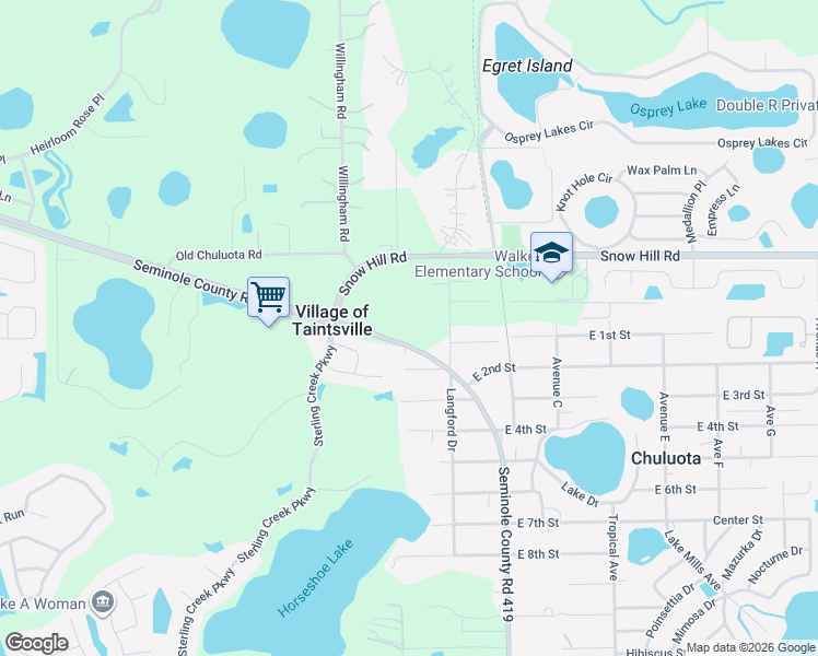 map of restaurants, bars, coffee shops, grocery stores, and more near 434 Hunters Stand Run in Chuluota