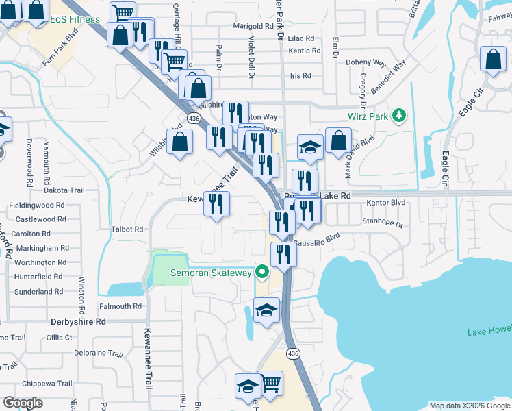 map of restaurants, bars, coffee shops, grocery stores, and more near 955 Florida 436 in Casselberry