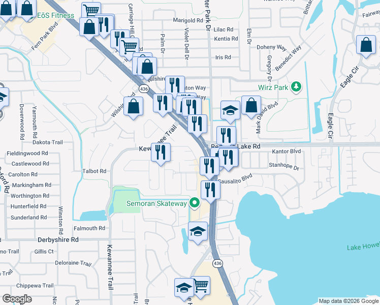 map of restaurants, bars, coffee shops, grocery stores, and more near 955 Florida 436 in Casselberry