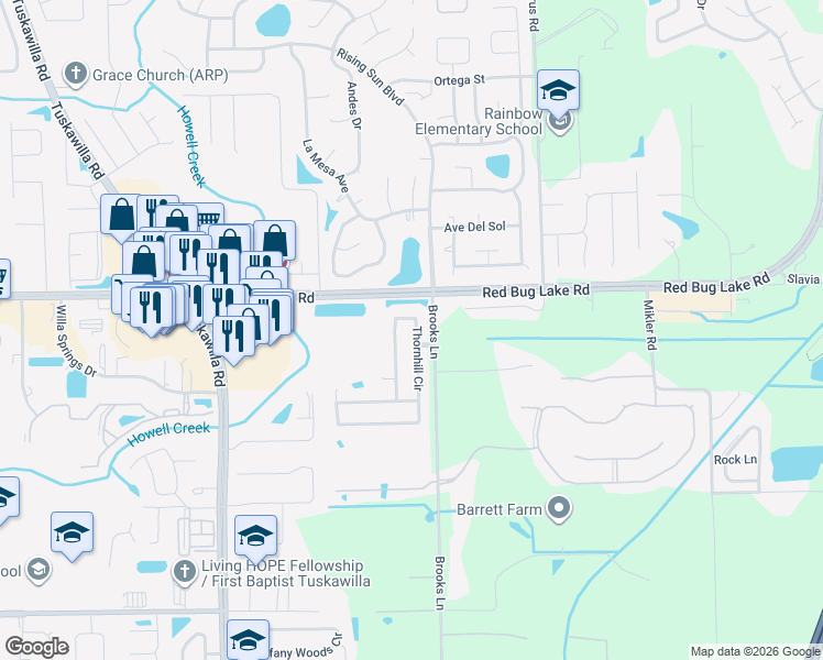 map of restaurants, bars, coffee shops, grocery stores, and more near 1455 Thornhill Circle in Oviedo