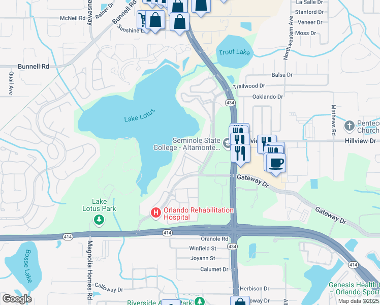 map of restaurants, bars, coffee shops, grocery stores, and more near 631 Lotus Landing Boulevard in Altamonte Springs