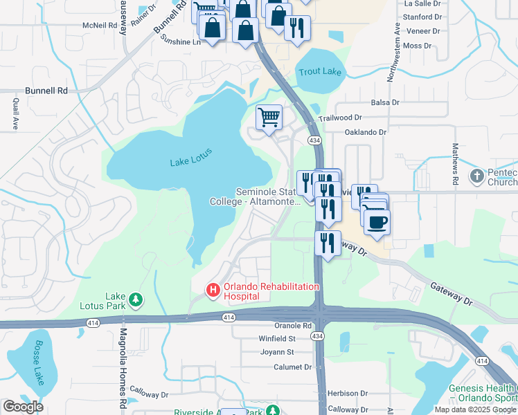 map of restaurants, bars, coffee shops, grocery stores, and more near 631 Lotus Landing Boulevard in Altamonte Springs