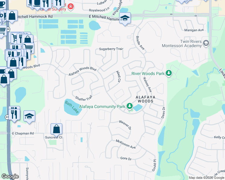 map of restaurants, bars, coffee shops, grocery stores, and more near 1074 Abell Circle in Oviedo