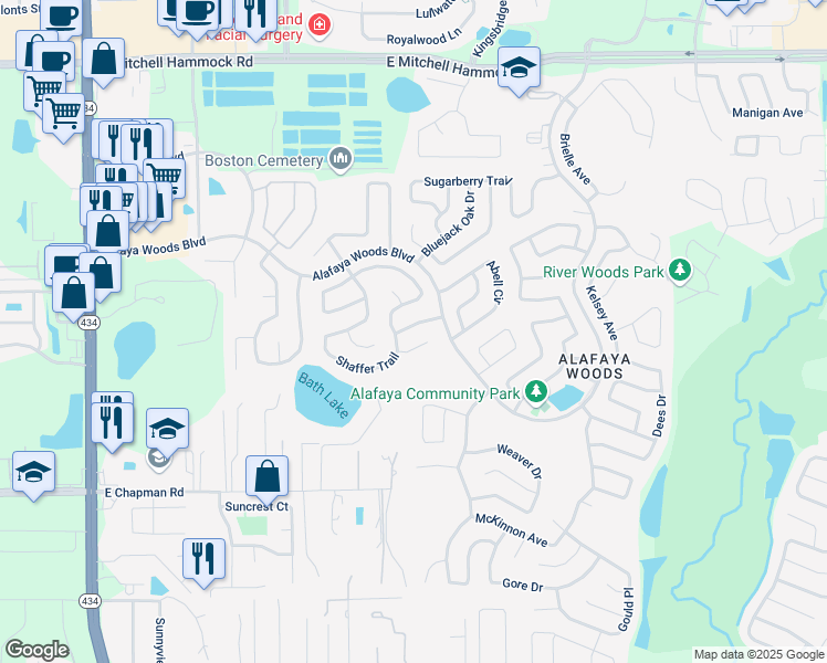 map of restaurants, bars, coffee shops, grocery stores, and more near 1010 Wheeler Place in Oviedo