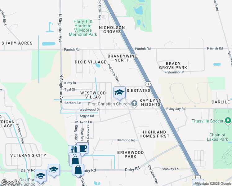 map of restaurants, bars, coffee shops, grocery stores, and more near 1830 Brandy Lane in Titusville