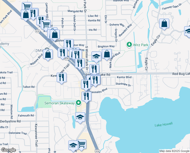 map of restaurants, bars, coffee shops, grocery stores, and more near 1008 Florida 436 in Casselberry