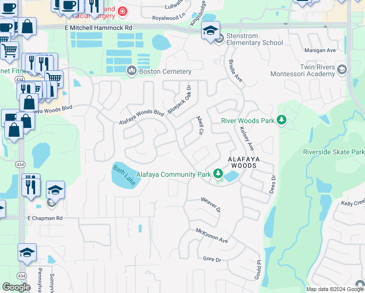 map of restaurants, bars, coffee shops, grocery stores, and more near 1035 Olliff Way in Oviedo