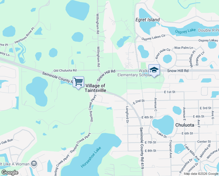 map of restaurants, bars, coffee shops, grocery stores, and more near 434 Hunters Stand Run in Chuluota