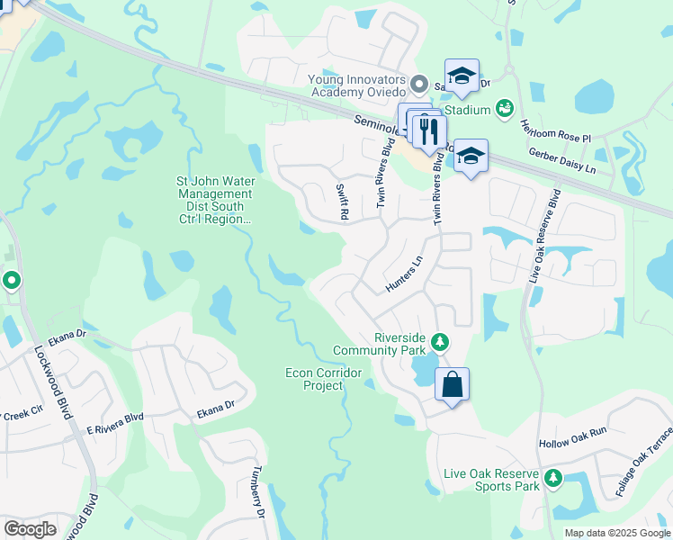 map of restaurants, bars, coffee shops, grocery stores, and more near 2340 Pinebrook Court in Oviedo