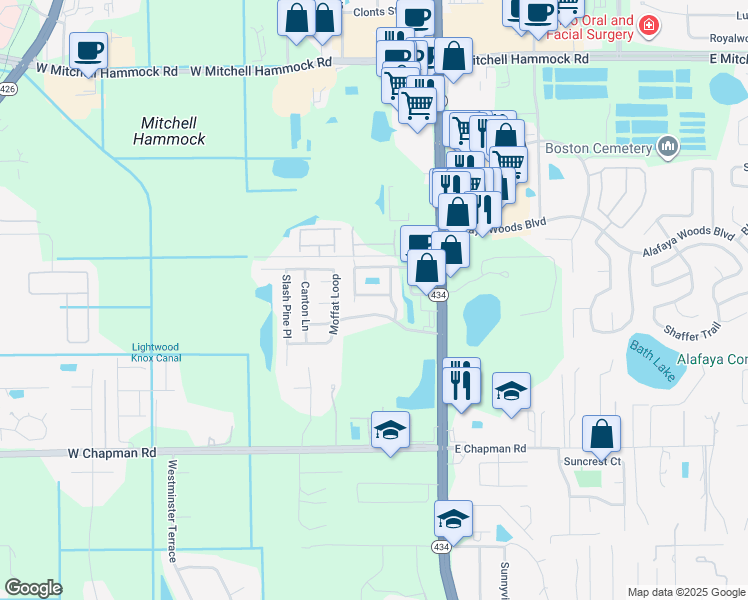 map of restaurants, bars, coffee shops, grocery stores, and more near 188 Angel Trumpet Way in Oviedo