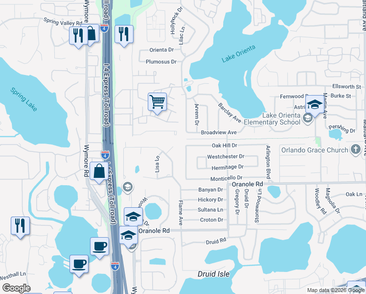 map of restaurants, bars, coffee shops, grocery stores, and more near 305 Cynthia Court in Maitland