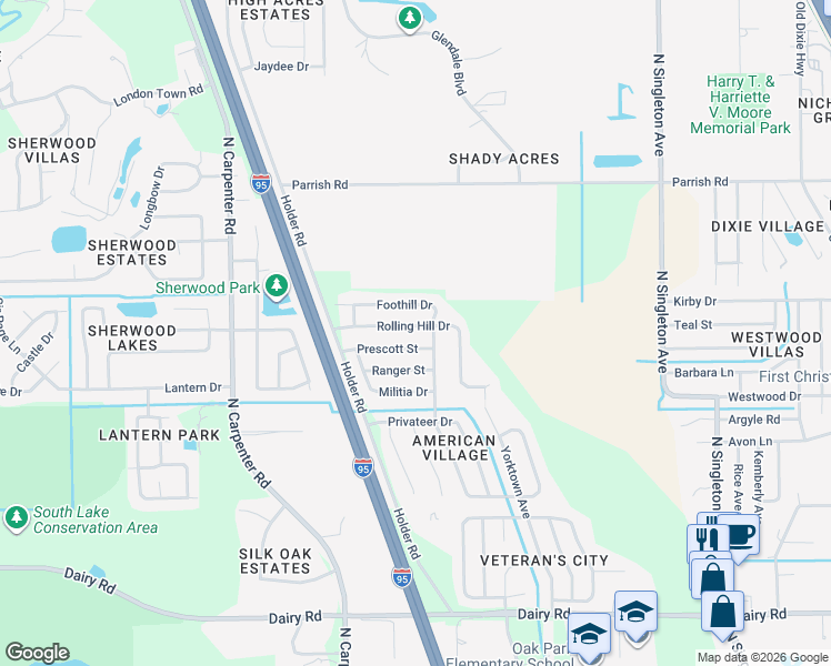 map of restaurants, bars, coffee shops, grocery stores, and more near 4048 Rolling Hill Drive in Titusville