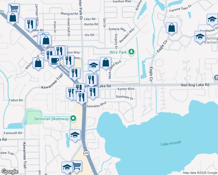 map of restaurants, bars, coffee shops, grocery stores, and more near 111 Mark David Boulevard in Casselberry