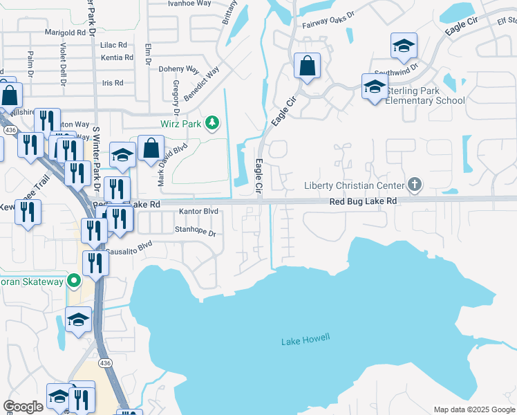 map of restaurants, bars, coffee shops, grocery stores, and more near 1630 Shoreview Circle in Casselberry
