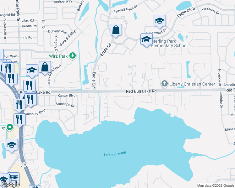 map of restaurants, bars, coffee shops, grocery stores, and more near 2874 Willow Bay Terrace in Casselberry