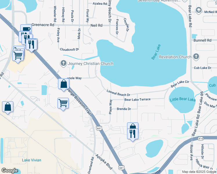 map of restaurants, bars, coffee shops, grocery stores, and more near 6119 Linneal Beach Drive in Apopka