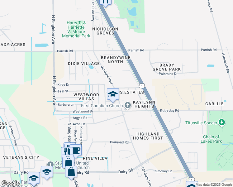 map of restaurants, bars, coffee shops, grocery stores, and more near 1900 Old Dixie Highway in Titusville