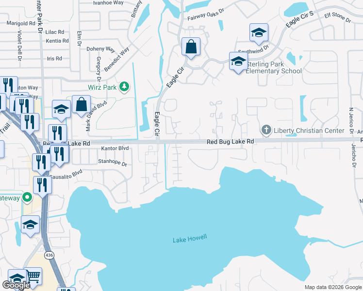 map of restaurants, bars, coffee shops, grocery stores, and more near 106 Lago Vista Boulevard in Casselberry