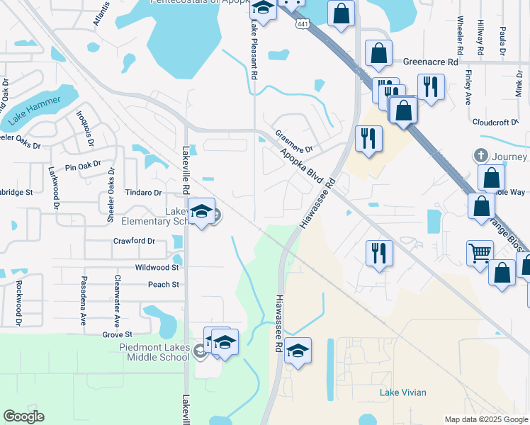 map of restaurants, bars, coffee shops, grocery stores, and more near 1811 Windsor Oak Drive in Apopka