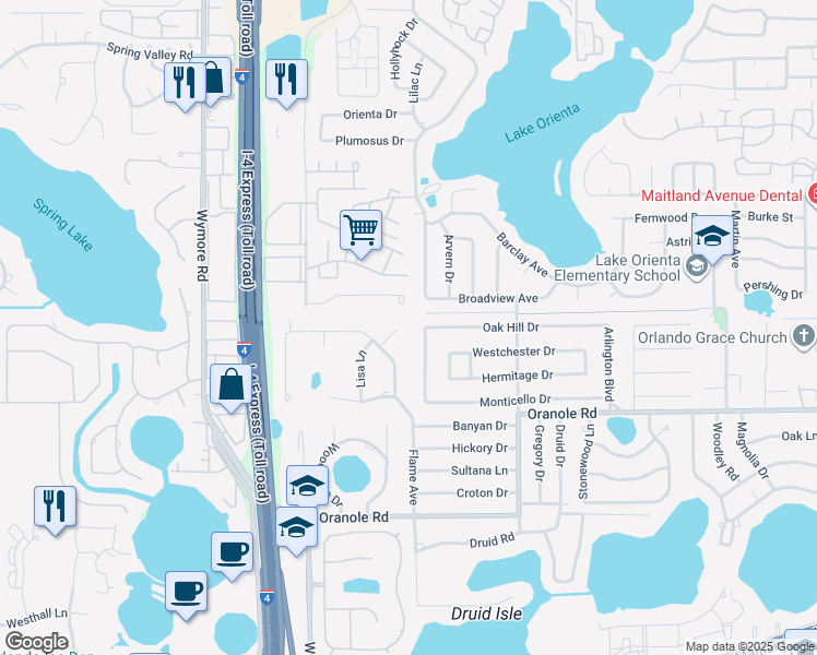 map of restaurants, bars, coffee shops, grocery stores, and more near 305 Cynthia Court in Maitland