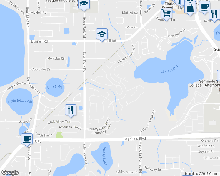 map of restaurants, bars, coffee shops, grocery stores, and more near 1214 Bent Oak Trail in Altamonte Springs