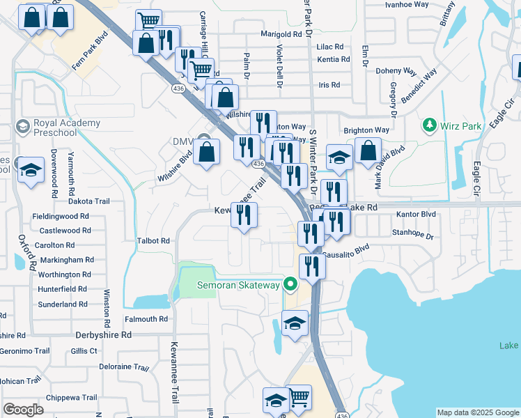 map of restaurants, bars, coffee shops, grocery stores, and more near 2117 Beacon Hill Court in Casselberry