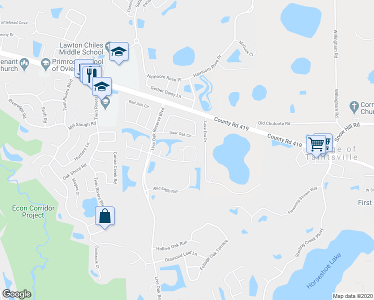 map of restaurants, bars, coffee shops, grocery stores, and more near 3586 Wading Heron Terrace in Oviedo