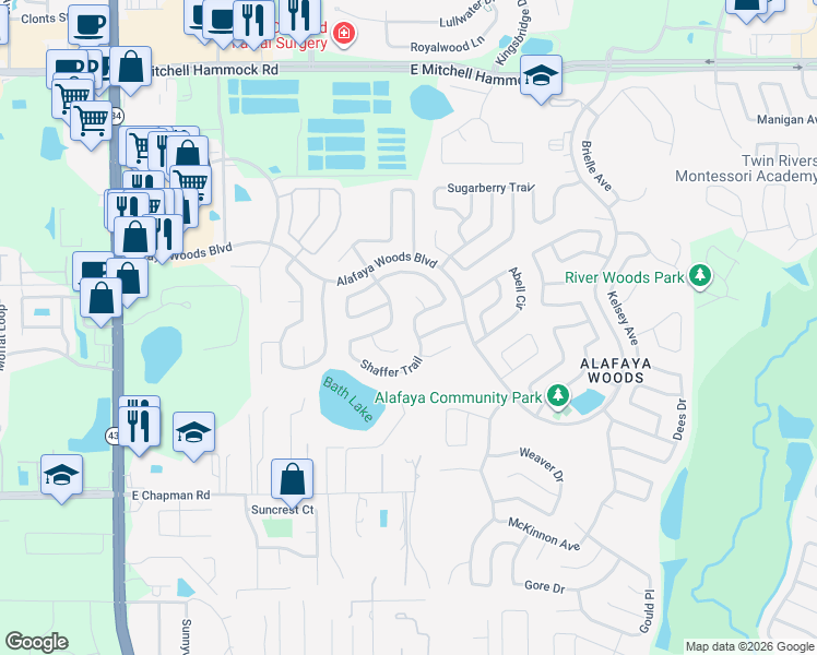 map of restaurants, bars, coffee shops, grocery stores, and more near 1101 Shaffer Trail in Oviedo