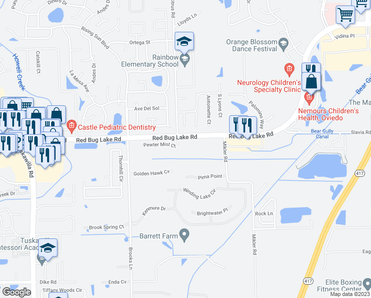 map of restaurants, bars, coffee shops, grocery stores, and more near 1725 Pine Bark Point in Oviedo