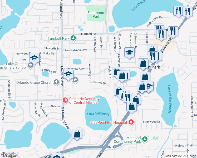 map of restaurants, bars, coffee shops, grocery stores, and more near 806 Gregory Lane in Altamonte Springs