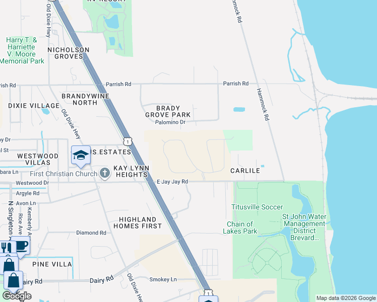 map of restaurants, bars, coffee shops, grocery stores, and more near 2121 Palomino Drive in Titusville