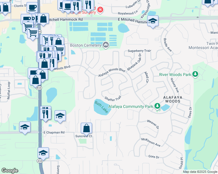 map of restaurants, bars, coffee shops, grocery stores, and more near 1048 Shaffer Trail in Oviedo
