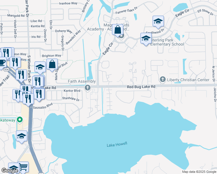 map of restaurants, bars, coffee shops, grocery stores, and more near Red Bug Lake Road & Lago Vista Boulevard in Casselberry
