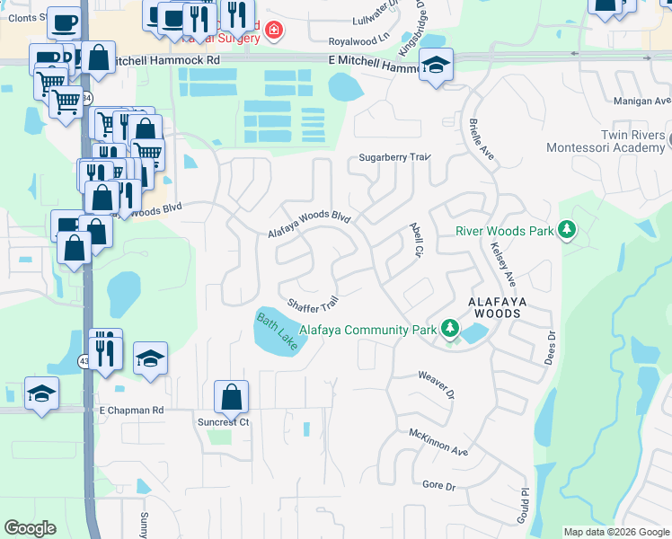map of restaurants, bars, coffee shops, grocery stores, and more near 1101 Shaffer Trail in Oviedo