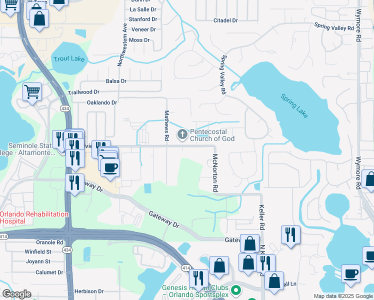 map of restaurants, bars, coffee shops, grocery stores, and more near 545 Hillview Drive in Altamonte Springs
