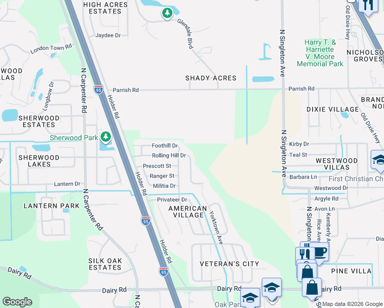map of restaurants, bars, coffee shops, grocery stores, and more near 3998 Rolling Hill Drive in Titusville