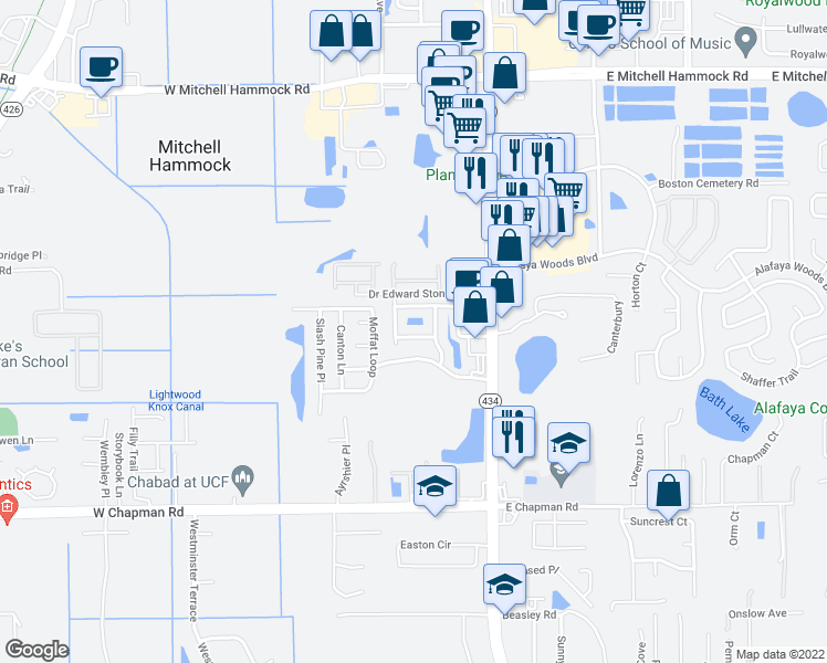 map of restaurants, bars, coffee shops, grocery stores, and more near 201 Angel Trumpet Way in Oviedo