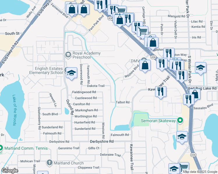 map of restaurants, bars, coffee shops, grocery stores, and more near 2544 Dakota Trail in Fern Park