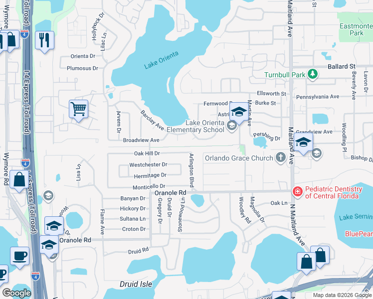 map of restaurants, bars, coffee shops, grocery stores, and more near 421 Oak Hill Drive in Altamonte Springs