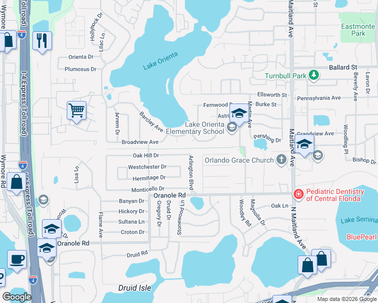 map of restaurants, bars, coffee shops, grocery stores, and more near 421 Oak Hill Drive in Altamonte Springs