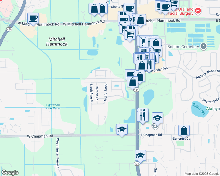 map of restaurants, bars, coffee shops, grocery stores, and more near 225 Angel Trumpet Way in Oviedo