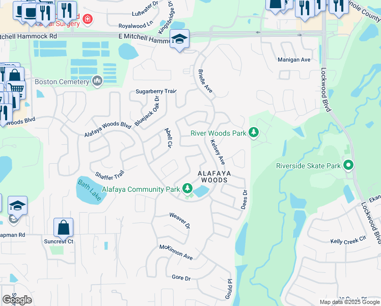 map of restaurants, bars, coffee shops, grocery stores, and more near 1061 Burnett Street in Oviedo
