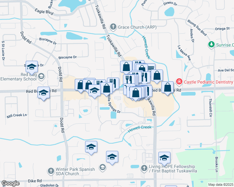 map of restaurants, bars, coffee shops, grocery stores, and more near 5535 Red Bug Lake Rd in Winter Springs