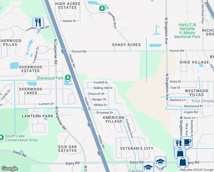 map of restaurants, bars, coffee shops, grocery stores, and more near 4048 Rolling Hill Drive in Titusville