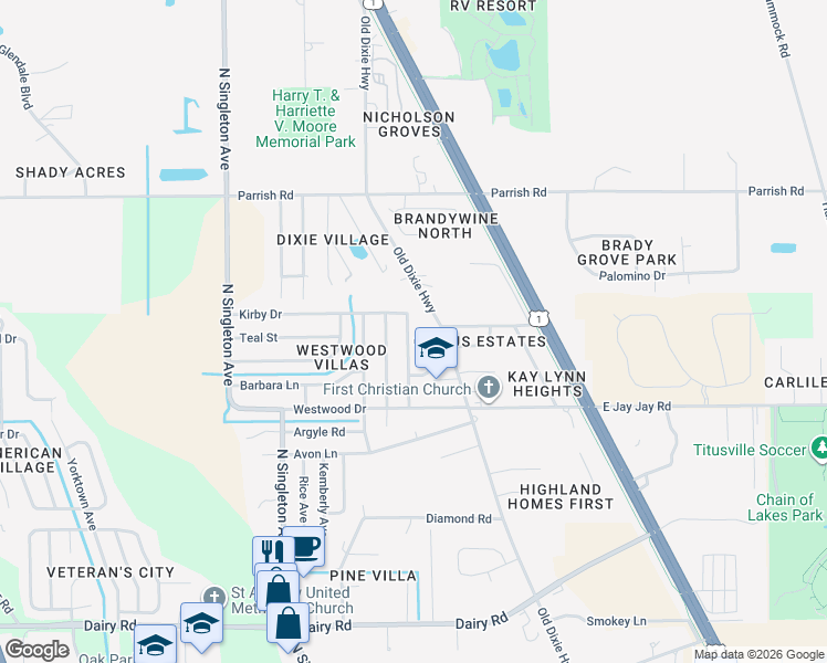 map of restaurants, bars, coffee shops, grocery stores, and more near 1865 Kirby Drive in Titusville